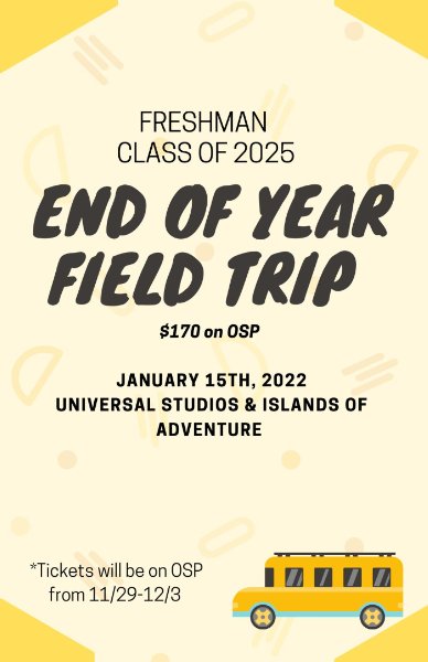 Class Trip Payments for Grades 9-10 and 11- Islands & Universal Orlando