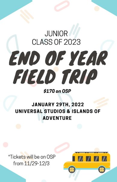 Class Trip Payments for Grades 9-10 and 11- Islands & Universal Orlando